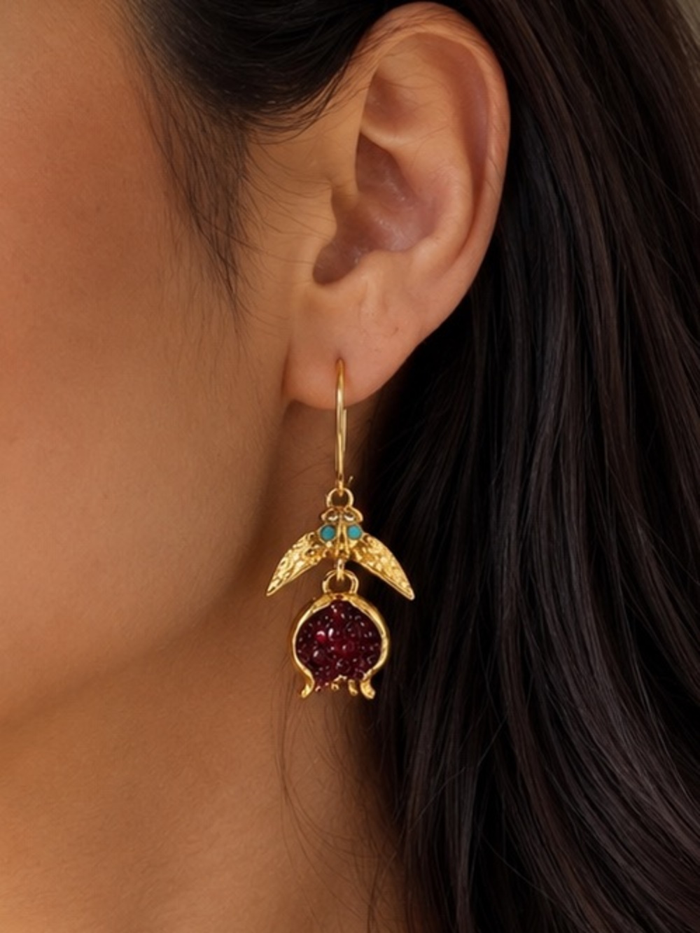 Gold Pomegranate Earrings Red Gemstone Statement Dangles - Picture 5 of 7